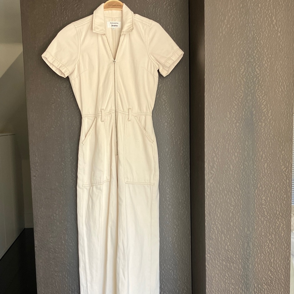 REFORMATION Cassidy Denim Jumpsuit in Almond Wash Organic Cotton Women’s Size 0